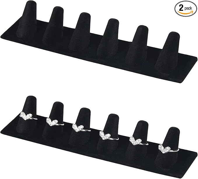 Black Velvet Ring Display Stand, 2 Pcs Jewelry Organizer with 6 Slots for Large Rings – Velvet Jewelry Display Tray for Stores, Showcase & Vanity