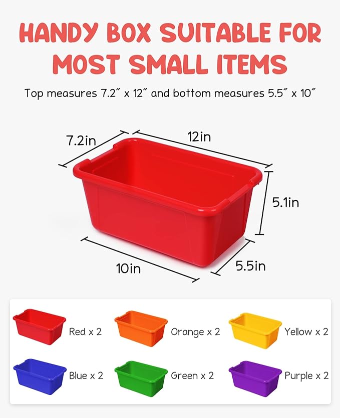 GAMENOTE 6 Quart Storage Bins with Lids, Plastic Latching Box for Classroom & Kids Toy Storage,Stackable Shoe Box Size Containers for STEM Morning Tubs, Crafts & Building Blocks (12, Colorful)