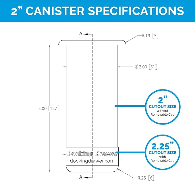Docking Drawer 2.0" Canister for Hot Tools, Hair Dryer, Curling Iron, and Flat Iron Holder Tube RIng Capped Stainless Steel