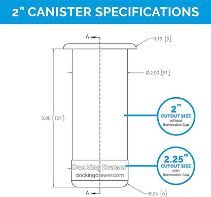 Docking Drawer 2.0" Canister for Hot Tools, Hair Dryer, Curling Iron, and Flat Iron Holder Tube RIng Capped Stainless Steel