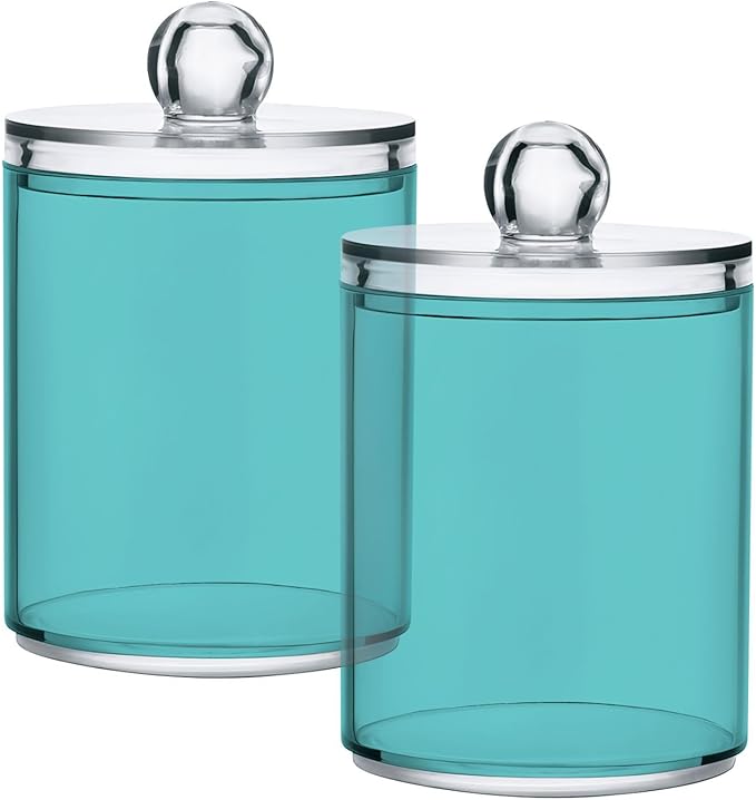 2 Pack Qtip Holder Dispenser Apothecary Jars with Lids Plastic Acrylic Bathroom Vanity Countertop Canister Storage Organizer for Cotton Ball,Swabs,Pads,Floss, Pale Turquoise