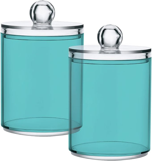 2 Pack Qtip Holder Dispenser Apothecary Jars with Lids Plastic Acrylic Bathroom Vanity Countertop Canister Storage Organizer for Cotton Ball,Swabs,Pads,Floss, Pale Turquoise