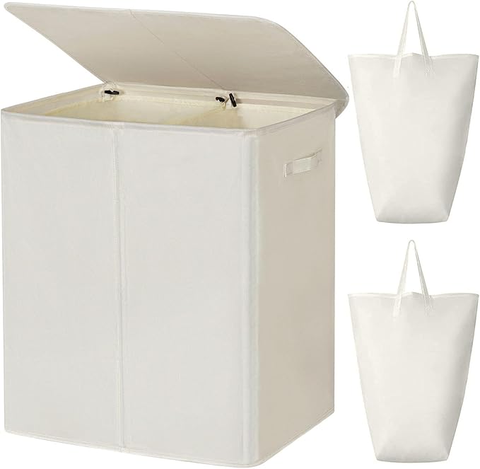 WOWLIVE 140L Double Laundry Hamper with Lid and Removable Laundry Bags, Large Dirty Clothes Hamper 2 section Collapsible Laundry Basket Dorm Room Storage for Bedroom, Bathroom, College,Beige