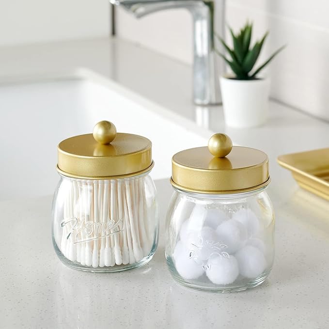 SheeChung Small Mason Jar, Glass Qtip Holder, Apothecary Jars with Lids, Bathroom Organizers and Storage, Bathroom Canister for Q-tips, Floss, Balls, Cotton Swabs, Farmhouse Decor-Brushed Gold