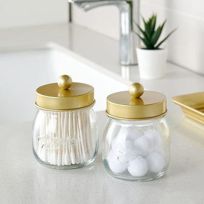 SheeChung Small Mason Jar, Glass Qtip Holder, Apothecary Jars with Lids, Bathroom Organizers and Storage, Bathroom Canister for Q-tips, Floss, Balls, Cotton Swabs, Farmhouse Decor-Brushed Gold