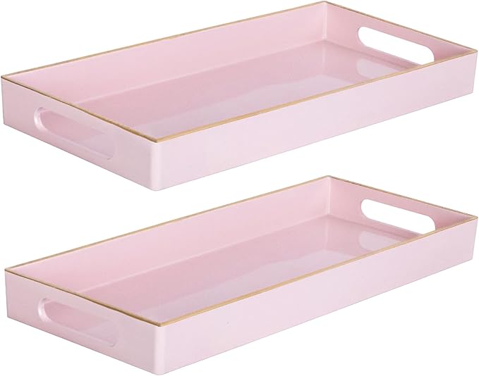 MAONAME Pink Vanity Tray Set of 2, Plastic Decorative Tray with Handles, Long Narrow Trays, Small Bathroom Trays for Toilet Tank, 13.8" X 6" X 1.57"