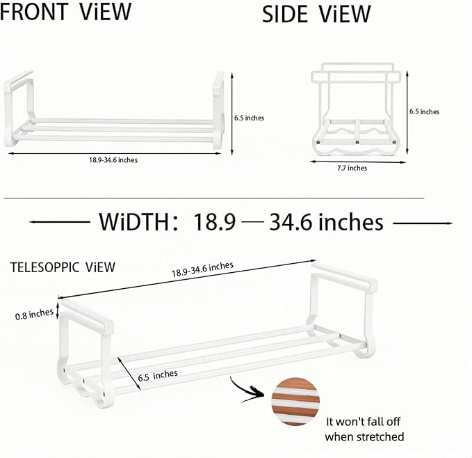 Expandable Hanging Shoe Rack for Closet, 2 Pack Retractable Metal Under Shelf Rack, Adjustable Under Cabinet Storage Shelf & Partition Organizer for Wardrobe, Kitchen, White