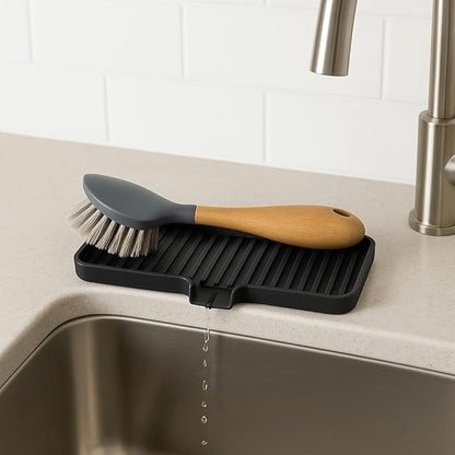 Silicone Soap Dish Tray and Sponge Holder with Drain Chute, Rectangular, Kitchen and Bathroom Sink Organizer (Black, 9"x3.5")