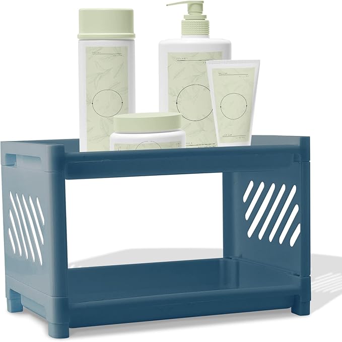 Bathroom Counter Organizer 2 Tier Kitchen Countertop Organizer Spice Rack Storage Shelf,Plastic Tabletop Perfume Cosmetic Holder Vanity Tray for Bedroom,Dressing Table,Office Supplies (Blue)