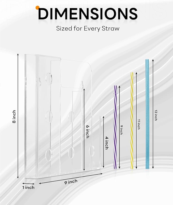 9" Straw Holder for Cabinet Door–Acrylic Straw Organizer with Height Dividers, Wall Mounted Kitchen Accessories Container Storage Inside Cupboard Cabinet Door, Easy Install with Adhesive Strips