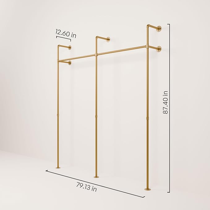 pamo Gold Clothing Rack Wall Mounted – Pipe Closet System in Gold Powder-Coated Steel – 79" W × 87" H, 530 lbs – Boutique, Walk-In Closet & Retail