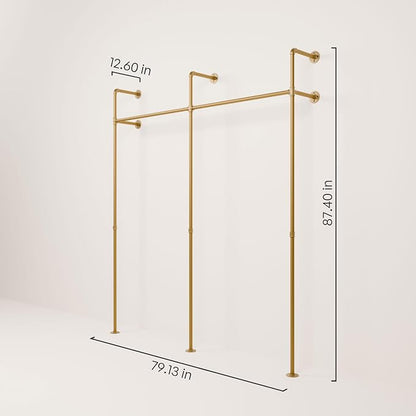 pamo Gold Clothing Rack Wall Mounted – Pipe Closet System in Gold Powder-Coated Steel – 79" W × 87" H, 530 lbs – Boutique, Walk-In Closet & Retail