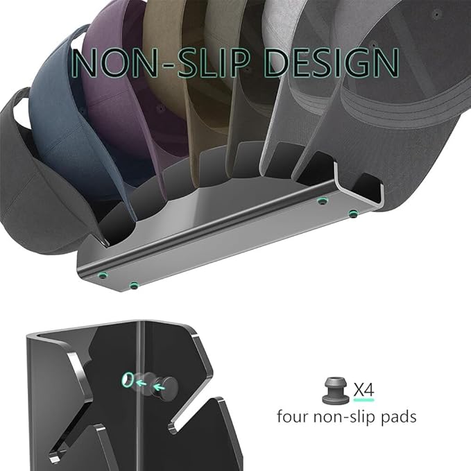 Hat Organizer for Closet Shelf, Hat Holder for 7 Baseball Caps, Tabletop Free Standing Hat Storage Rack, Small Ball Cap Stand for Display and Organizer Bedroom Office (Black)