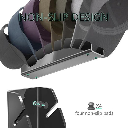 Hat Organizer for Closet Shelf, Hat Holder for 7 Baseball Caps, Tabletop Free Standing Hat Storage Rack, Small Ball Cap Stand for Display and Organizer Bedroom Office (Black)