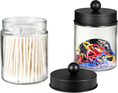 SheeChung Qtip Dispenser Holder 1pcs, Glass apothecary jars with Stainless Steel Lids &Stickers, Countertop Canister Guest Bathroom Storage Organizer Set for Cotton Swabs/Balls, Floss Picks(Black)