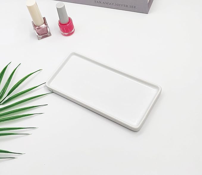 6.4" Porcelain Small Bathroom Tray, Ceramic Countertop and Vanity Tray for Cosmetics, Perfume, Jewelry, Candle - Kitchen Soap Tray for Kitchen Counter (White)