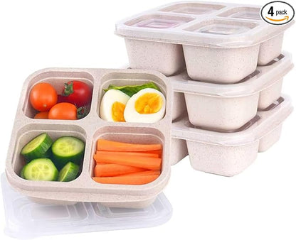 4 Pack Reusable Snack Containers with Lids, 4 Compartments Snack Box Container Bento Box, Divided Lunchable Food Storage Container for Meal Prep, Travel, Work, Microwave, Dishwasher Safe