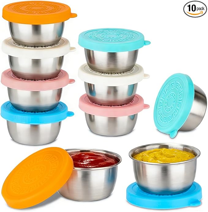 10 Pack 1.6 Oz Salad Dressing Containers To Go, Stainless Steel Small Condiment Containers with Lids, Reusable Leakproof Sauce Container Cups for Lunch Bento Box Picnic & Travel
