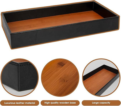 JACKCUBE Design Leather Bamboo Valet Tray for Men, Catch All Trays for Key, Phone, Wallet, Coin, Sunglasses, EDC Dump Storage (Black) - MK205A