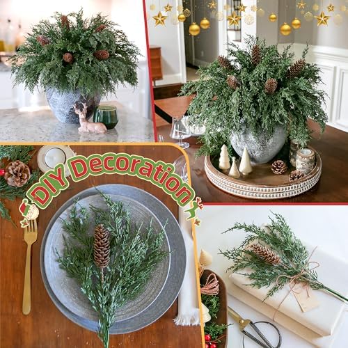 Cedar Stems Artificial Norfolk Pine Branches for Christmas Decor, 12 PCS Fake Pine Stems with 5 PCS Big Pine Cones Branches Realistic Fake Plants Faux Greenery for Vases DIY Garland Xmas Table Indoor - Image 4