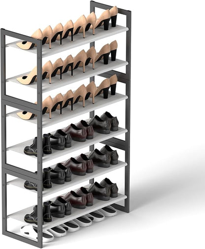 6-Tier Shoe Rack Organizer, Zero-Wobble Metal Frame with Screw-Fastened Joints, 11.8" Deep Heel-Friendly Non-Woven Shelves, Stackable Shoe Storage for Closet & Entryway