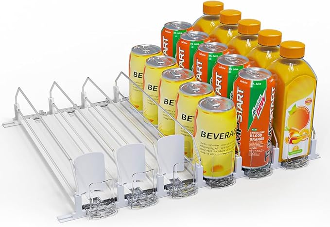 Upgraded Press-type Drink Organizer for Fridge, Capable of horizontal pushing Soda Can Dispenser for RefrigeratorSpace-Saving Automatic Drink Pusher Glide System - Holds 30 Cans (6 Rows)