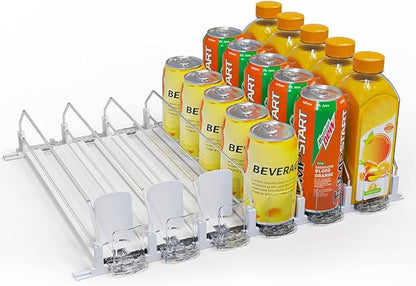 Upgraded Press-type Drink Organizer for Fridge, Capable of horizontal pushing Soda Can Dispenser for RefrigeratorSpace-Saving Automatic Drink Pusher Glide System - Holds 30 Cans (6 Rows)