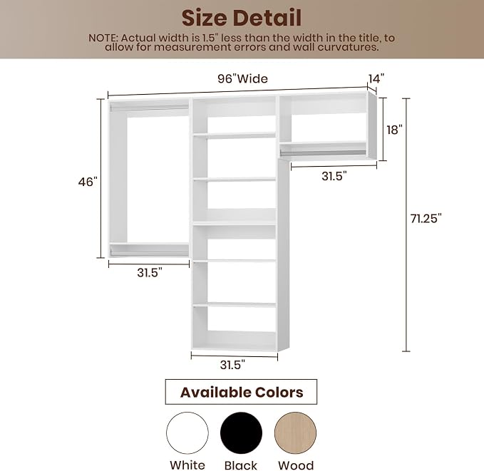 ROOMTEC Modular Closet System, 96" Wall-Mounted Closet Organizer with Hanging Rods, Modern Wooden Tower for Walk-In Closets, Wardrobe Storage Kit, White