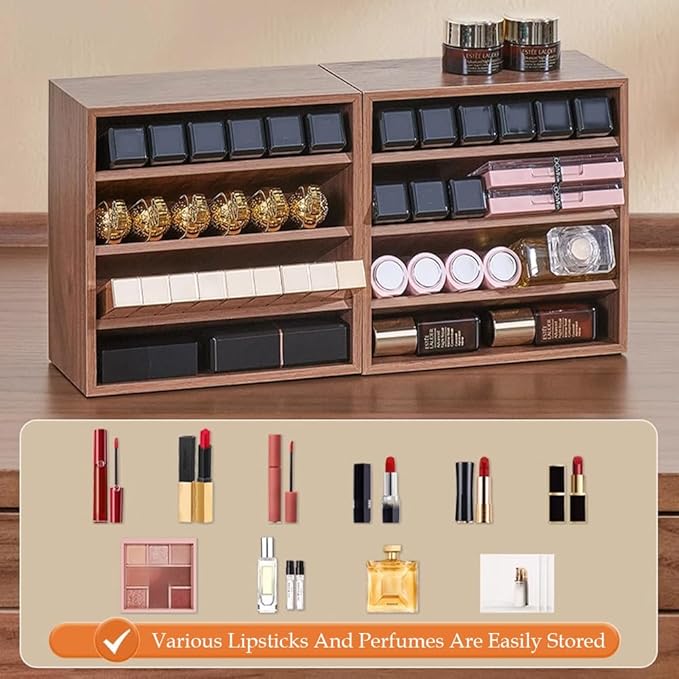 WAYUTO Wooden Lipstick Organizer 4 Level Lipstick Holder Desktop Lip Gloss Organizer Cosmetic Storage Display Essential Oil Holder