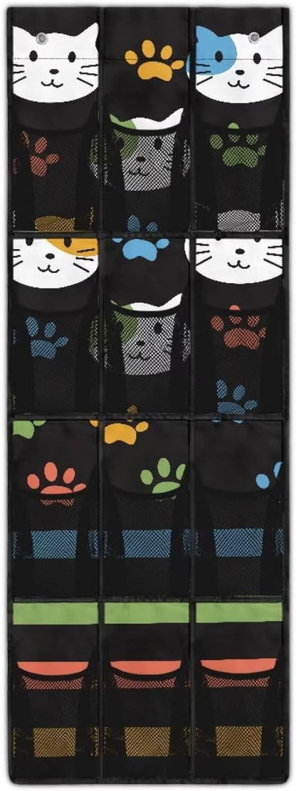 Cats Over the Door Organizer with 12 Mesh Pockets - Breathable Design for Bath Towels, Toiletries, Makeup (Waterproof Lining)