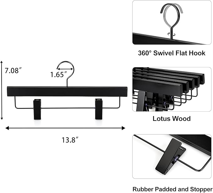TOPIA HANGER Black Wooden Pants Hangers, Wood Skirt Hangers with Clips, Deluxe Jeans Hanger with 360° Swivel Anti-Rust Flat Hook, Smooth Finish Wood Hangers for Slacks Trousers 20 Pack, CT03B