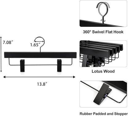 TOPIA HANGER Black Wooden Pants Hangers, Wood Skirt Hangers with Clips, Deluxe Jeans Hanger with 360° Swivel Anti-Rust Flat Hook, Smooth Finish Wood Hangers for Slacks Trousers 20 Pack, CT03B