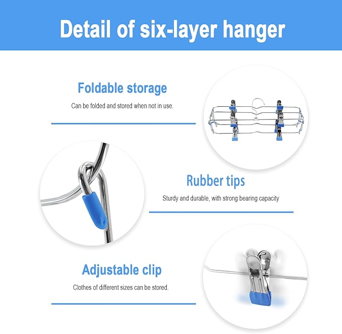 Skirt Pants Hangers with Clips,6Tier Skirt Hangers Space Saving,Metal Multi Pants Hangers and Storage Multi Clothes Shorts Hanger Organization,Space Saving Hangers with Clips (Blue, 4-Piece Set)