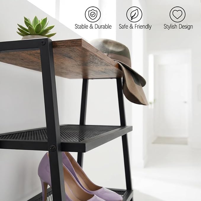 A-Shape Shoe Rack, 5-Tier Heavy-Duty Shoe Organizer with Wooden Top & Mesh Shelves, Space-Saving for Entryway, Bedroom, Hallway(31.97" H, Holds 10 Pairs, Rustic Brown)