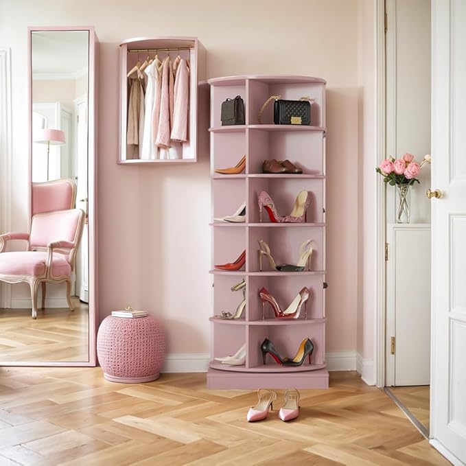 Rotating Shoe Rack Tower, 360-Degree Circular Storage Organizer for Shoes and Handbags, Vertical Space-Saving Cabinet for Entrance Hall, Independent Rotating Shoe Shelf (A-Pink