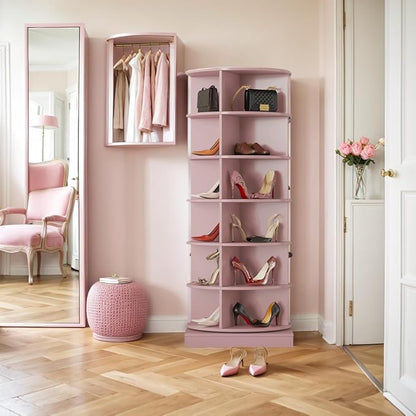 Rotating Shoe Rack Tower, 360-Degree Circular Storage Organizer for Shoes and Handbags, Vertical Space-Saving Cabinet for Entrance Hall, Independent Rotating Shoe Shelf (A-Pink
