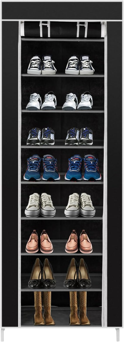 Vertical Narrow Shoe Rack Organizer,Room-Saving 10-Layers 9 Lattices Non-Woven Fabric Shoe Rack Holds 22-30 Pairs Tall Shoe Storage Cabinet with Dustproof Cover for Closet,Entryway,Dorm,Bedroom,Black