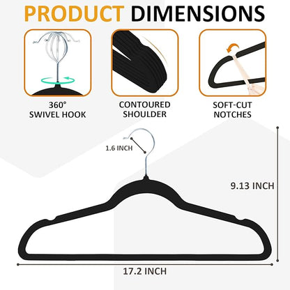 Velvet Hangers, 50 Pack Black Slim Felt Hangers with 360 Swivel Hook, Non-Slip, Heavy Duty for Coats, Pants & Dresses