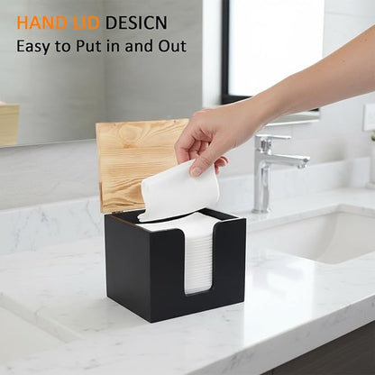 Disposable Face Towel Holder,Acrylic Facial Towel Holder Box with Wooden Lid,Square Face Towels Container,Clean Skin Club Fac e Towels Holder,for Bathroom Countertop,Vanity Makeup（Black）