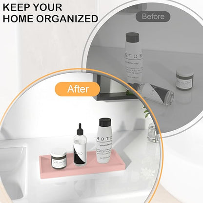 Bathroom Vanity Tray 2 Pack, 11.8 x 5 Inch Silicone Bathroom Counter Tray, Large Candle Trays for Dresser and Waterproof Organizer for Vanity, Kitchen, Toilet, Pink