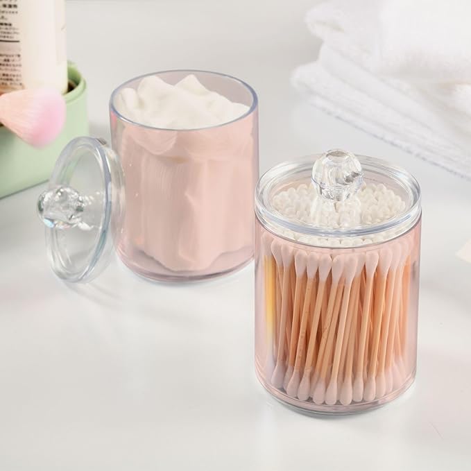 Misty Rose Pink Qtip Dispenser Apothecary Jars Bathroom Qtip Holder Storage Canister 10 Oz Plastic Jar for Cotton Ball Swab Round Pads Floss 2pcs