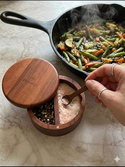 Acacia Wood Salt and Pepper Bowl Set with Swivel Magnetic Lid & Spoon Eco-Friendly Kitchen Countertop Organizer Moisture-Proof Storage for Sea Salt, Spices, Herbs Natural Wood