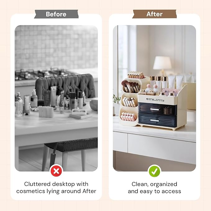 Makeup Organizer with Drawers, Large Capacity Cosmetic & Skincare Storage Box, Countertop Vanity Organizer for Bathroom, Bedroom & Dresser, ABS Plastic Makeup Storage Organizer, Ivory