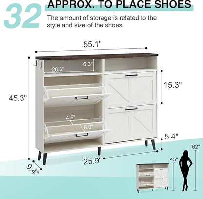 Barnyatoh Shoe Storage Cabinet,Farmhouse Shoe Organizer with 4 Flip Drawers & Barn Door Design,Freestanding Hidden Slim Narrow Shoe Rack with Open Shelves for Entryway,Foyer,Hallway,Antique White