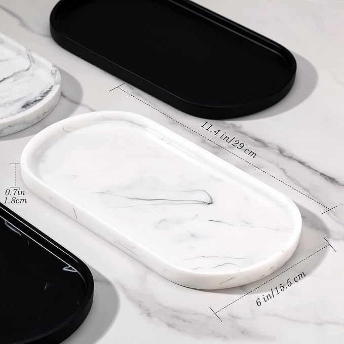 Emibele Bathroom Tray, Resin Oval Vanity Tray Countertop Organizer Toilet Tank Kitchen Tray Decorative Jewelry Storage Tray for Perfume Candles Soap Towel Small Plant Home Decor, M, Marble White
