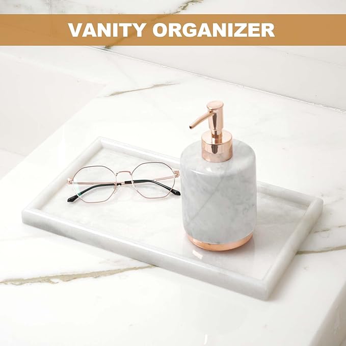 Koville African Natural Marble Tray, 12"x7" Coffee Table Vanity/Decorative Tray for Jewerly, Watch, Perfume Candle Tray for Bedroom/Bathroom/Kitchen Countertop