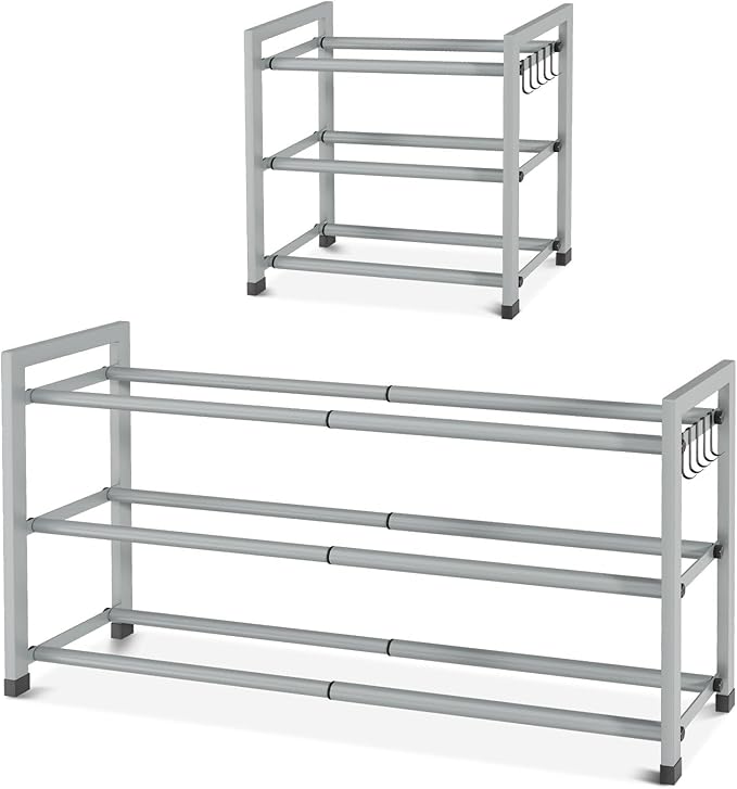 Expandable Shoe Rack for Closet Adjustable Metal Shoe Rack for Entryway 18.5"-33" Free Standing Shoe Organizer 12 Pairs with Hooks 3-Tier Small Shoe Shelf for Bedroom Garage Dorm Floor, Grey