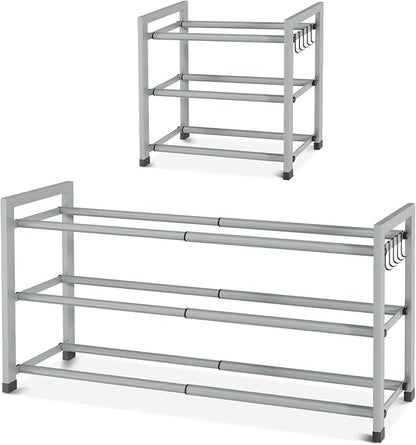 Expandable Shoe Rack for Closet Adjustable Metal Shoe Rack for Entryway 18.5"-33" Free Standing Shoe Organizer 12 Pairs with Hooks 3-Tier Small Shoe Shelf for Bedroom Garage Dorm Floor, Grey