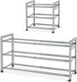 Expandable Shoe Rack for Closet Adjustable Metal Shoe Rack for Entryway 18.5"-33" Free Standing Shoe Organizer 12 Pairs with Hooks 3-Tier Small Shoe Shelf for Bedroom Garage Dorm Floor, Grey