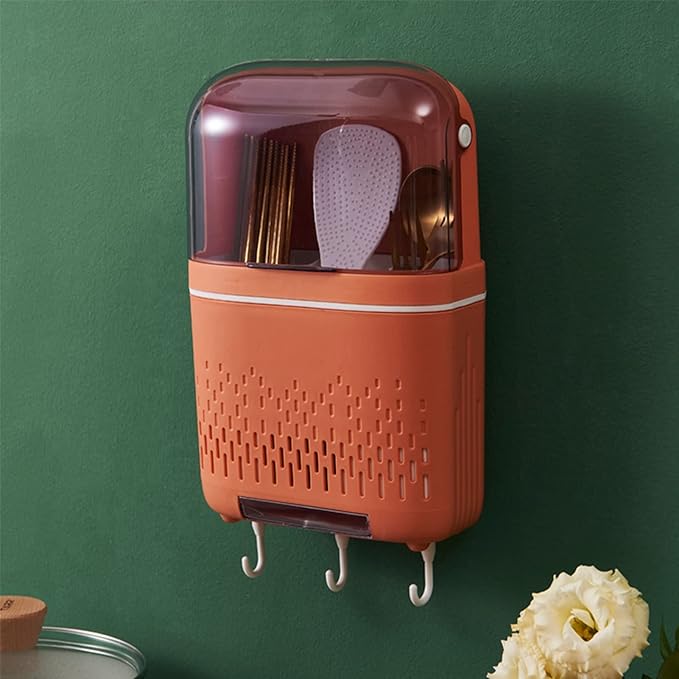 Coral Orange Chopstick Container - Rustproof Compartmental Storage Cutlery Drainer with Cover - Waterproof Chopstick Storage Rack - Hanging Kitchen Utensil Holder